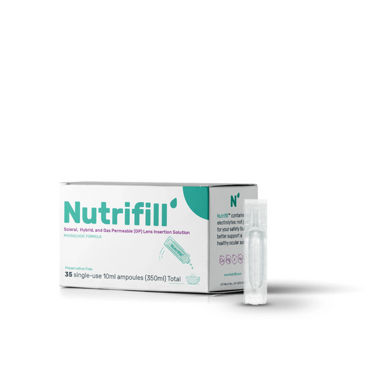 Nutrifill is a preservative free contact lens insertion solution designed for scleral lens wearers and the wearers of hybrid and gas permeable contact lenses.