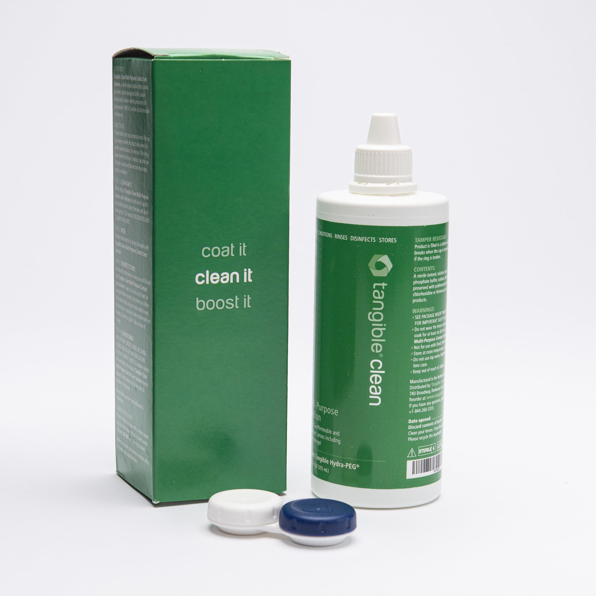 Tangible Clean solution bottle, box, and contact lens case